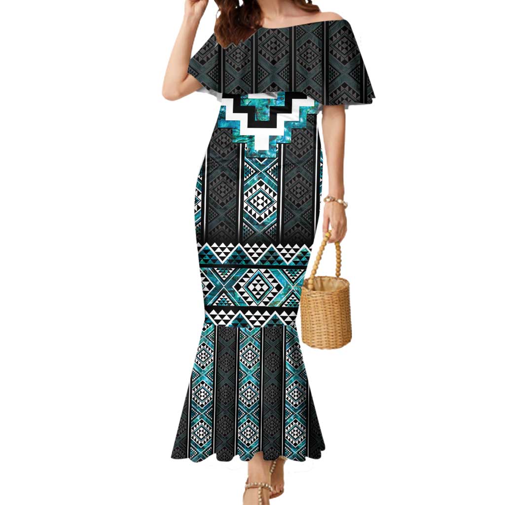 Paua Shell Taniko Pattern Aotearoa Mermaid Dress Niho Taniwha Mix Poutama