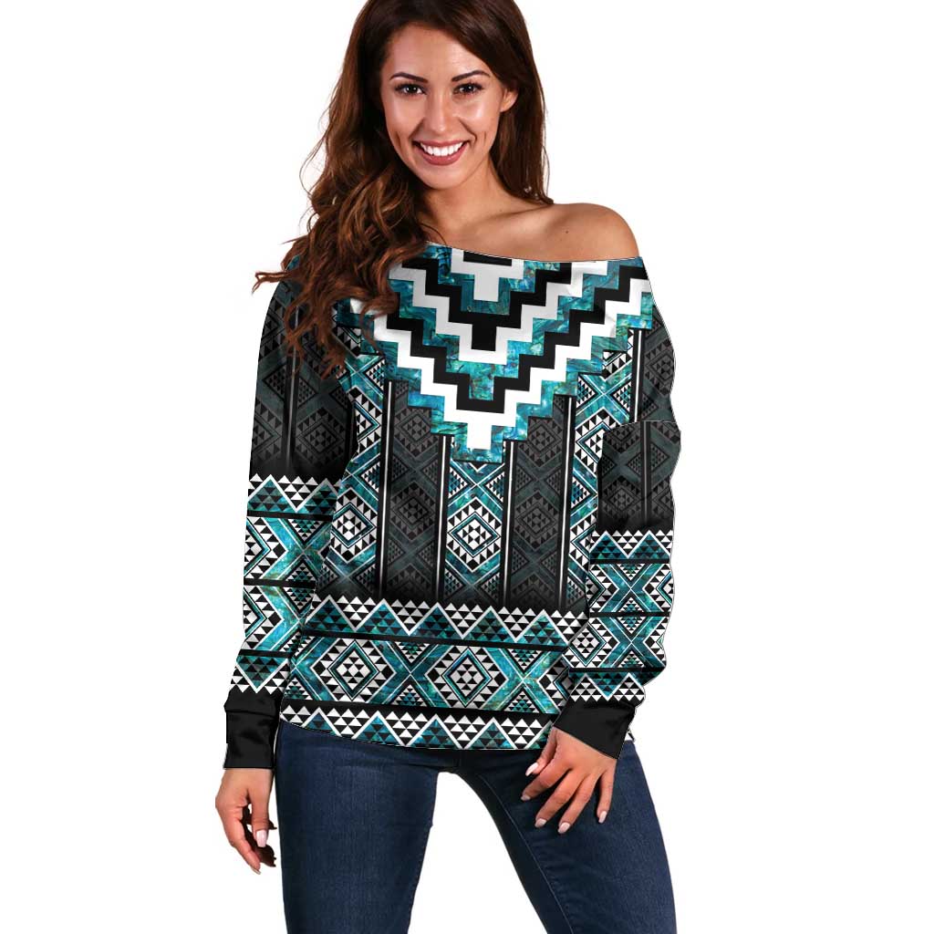 Paua Shell Taniko Pattern Aotearoa Off Shoulder Sweater Niho Taniwha Mix Poutama LT14 Women Turquoise - Polynesian Pride