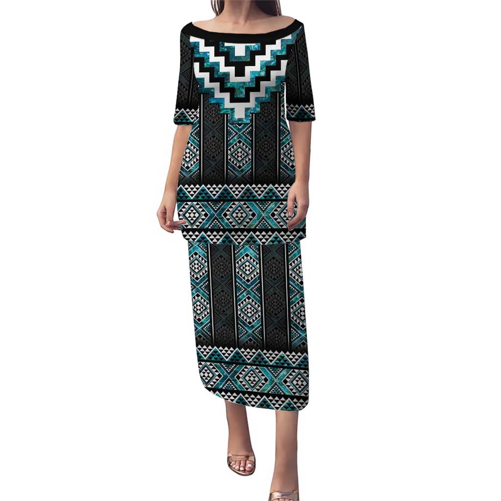 Paua Shell Taniko Pattern Aotearoa Puletasi Niho Taniwha Mix Poutama LT14 Long Dress Turquoise - Polynesian Pride