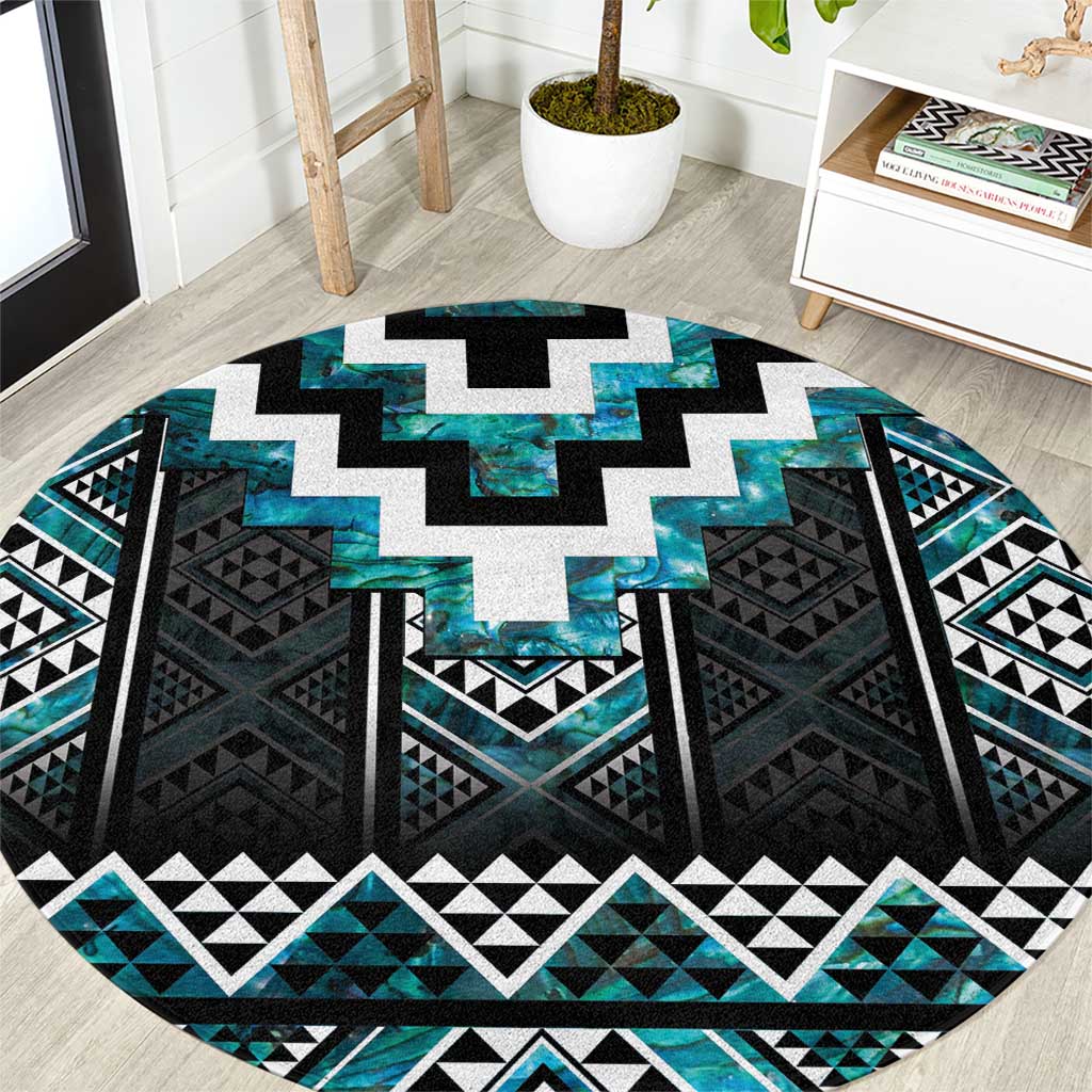 Paua Shell Taniko Pattern Aotearoa Round Carpet Niho Taniwha Mix Poutama LT14 Turquoise - Polynesian Pride