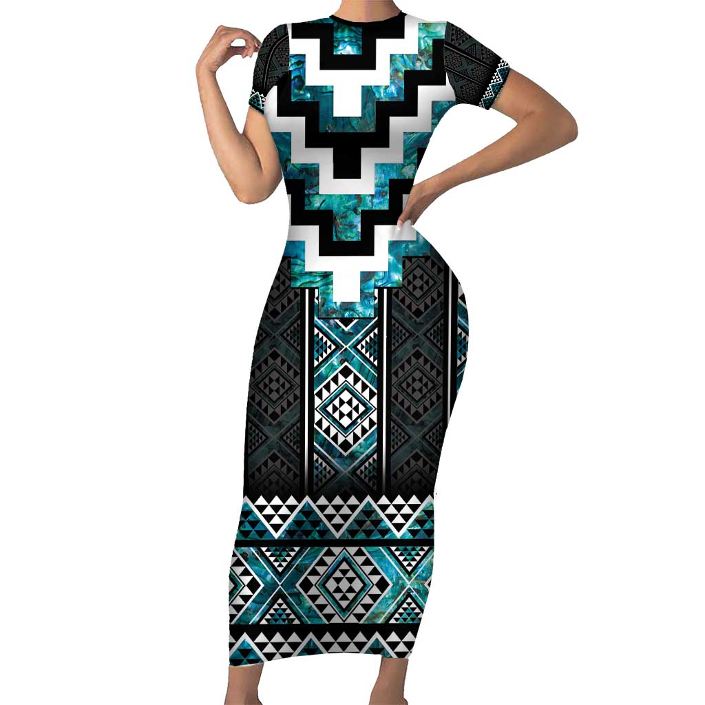 Paua Shell Taniko Pattern Aotearoa Short Sleeve Bodycon Dress Niho Taniwha Mix Poutama