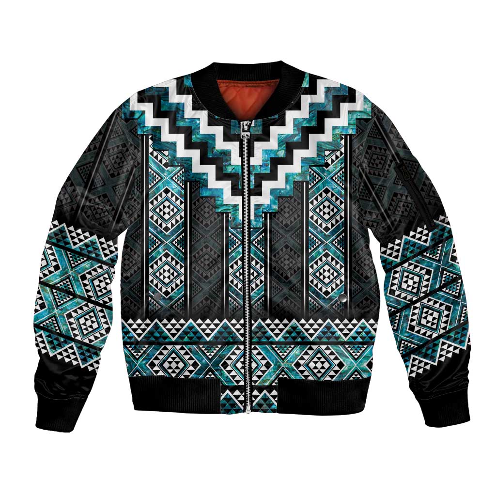 Paua Shell Taniko Pattern Aotearoa Sleeve Zip Bomber Jacket Niho Taniwha Mix Poutama LT14 Unisex Turquoise - Polynesian Pride