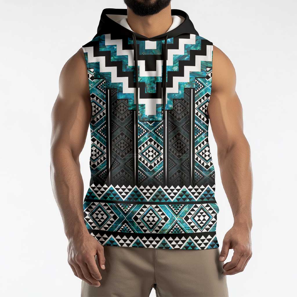 Paua Shell Taniko Pattern Aotearoa Sleeveless Hoodie Niho Taniwha Mix Poutama - Polynesian Pride