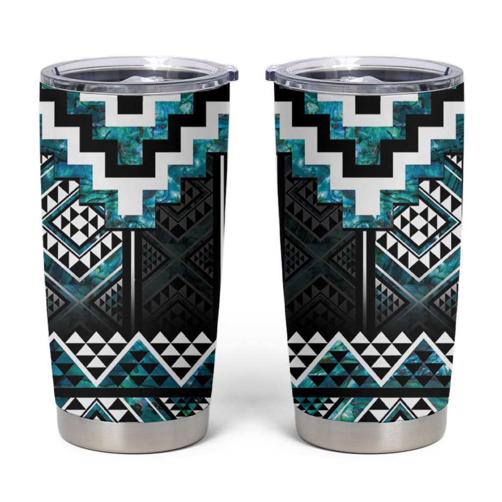 Paua Shell Taniko Pattern Aotearoa Tumbler Cup Niho Taniwha Mix Poutama LT14 Turquoise - Polynesian Pride
