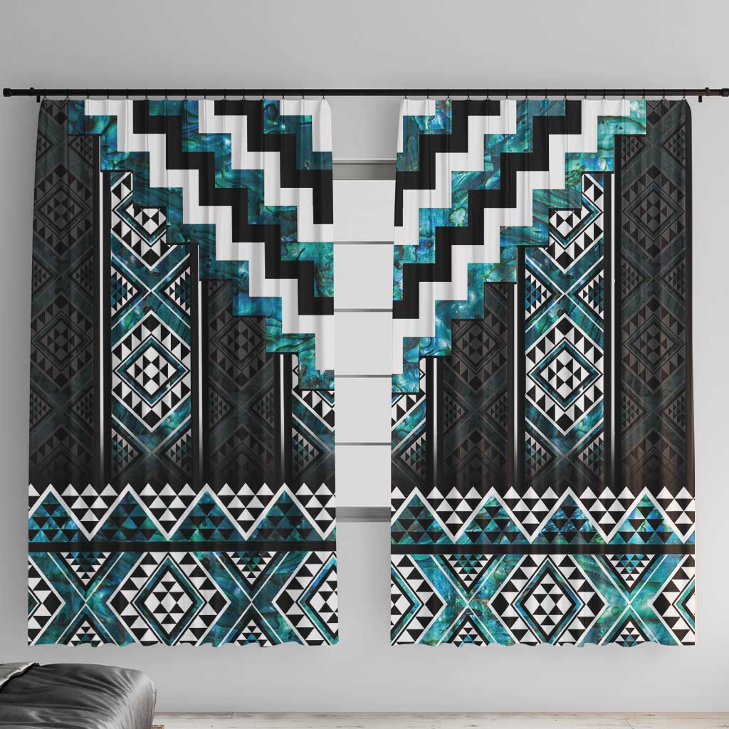 Paua Shell Taniko Pattern Aotearoa Window Curtain Niho Taniwha Mix Poutama LT14 With Hooks Turquoise - Polynesian Pride