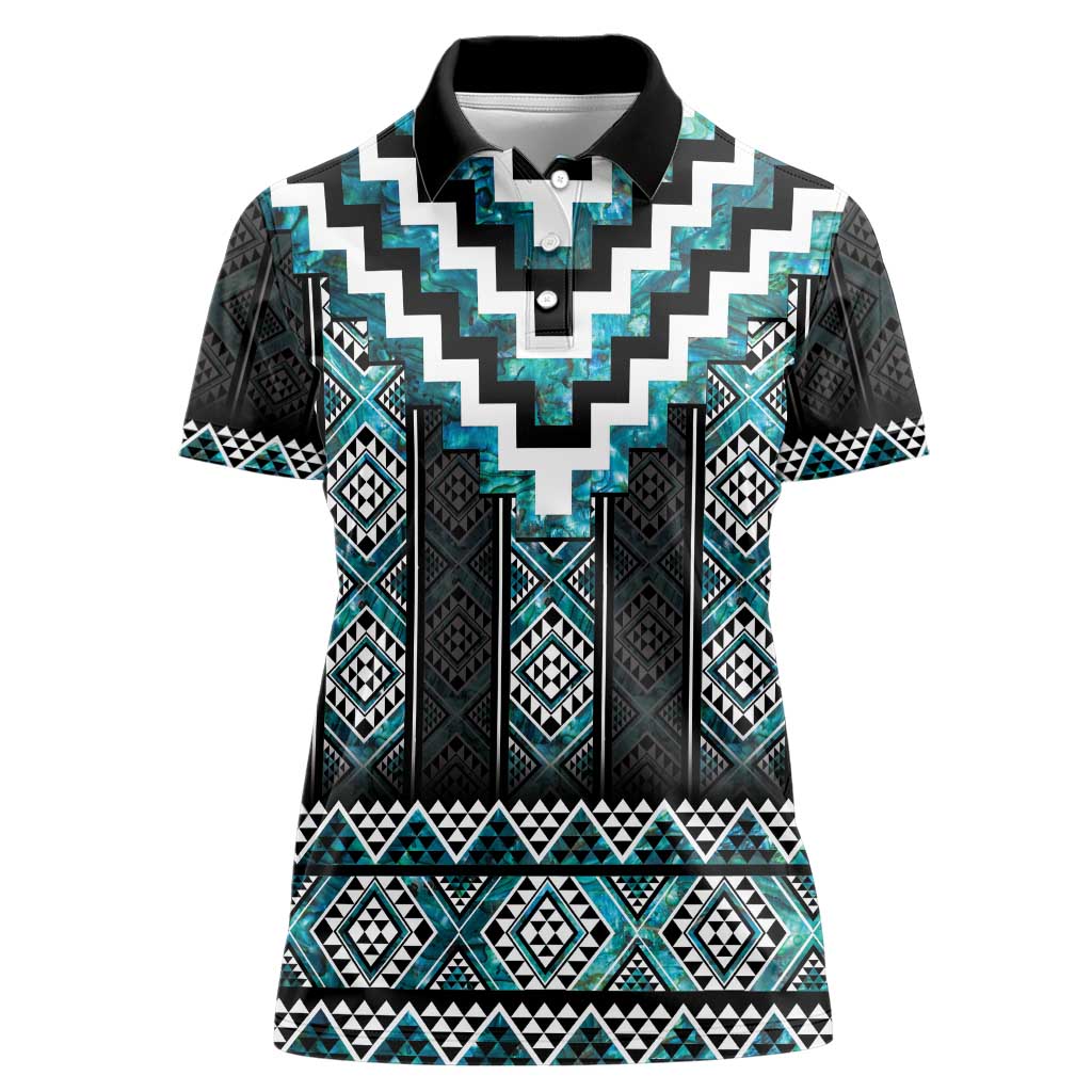 Paua Shell Taniko Pattern Aotearoa Women Polo Shirt Niho Taniwha Mix Poutama LT14 Female Turquoise - Polynesian Pride