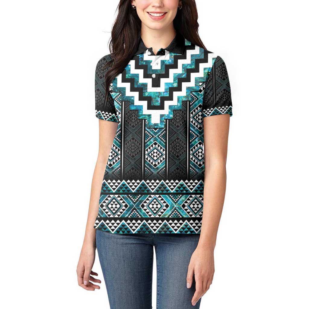 Paua Shell Taniko Pattern Aotearoa Women Polo Shirt Niho Taniwha Mix Poutama LT14 - Polynesian Pride