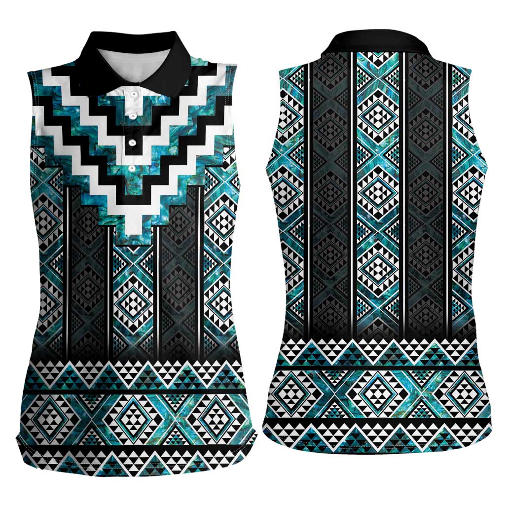 Paua Shell Taniko Pattern Aotearoa Women Sleeveless Polo Shirt Niho Taniwha Mix Poutama