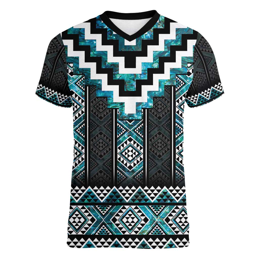 Paua Shell Taniko Pattern Aotearoa Women V-Neck T-Shirt Niho Taniwha Mix Poutama