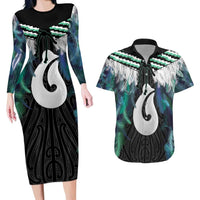Aotearoa Korowai Motif Couples Matching Long Sleeve Bodycon Dress and Hawaiian Shirt Hei Matau Poutama Maori Pattern LT14 Turquoise - Polynesian Pride