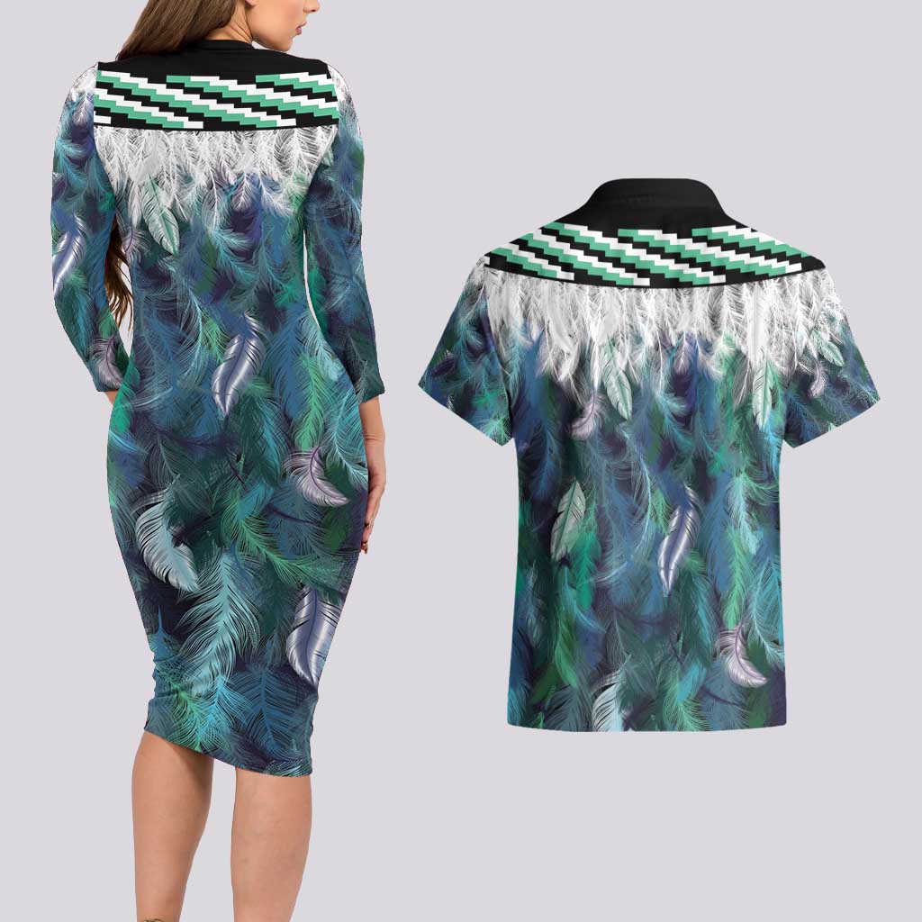 Aotearoa Korowai Motif Couples Matching Long Sleeve Bodycon Dress and Hawaiian Shirt Hei Matau Poutama Maori Pattern LT14 - Polynesian Pride