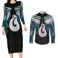 Aotearoa Korowai Motif Couples Matching Long Sleeve Bodycon Dress and Long Sleeve Button Shirt Hei Matau Poutama Maori Pattern