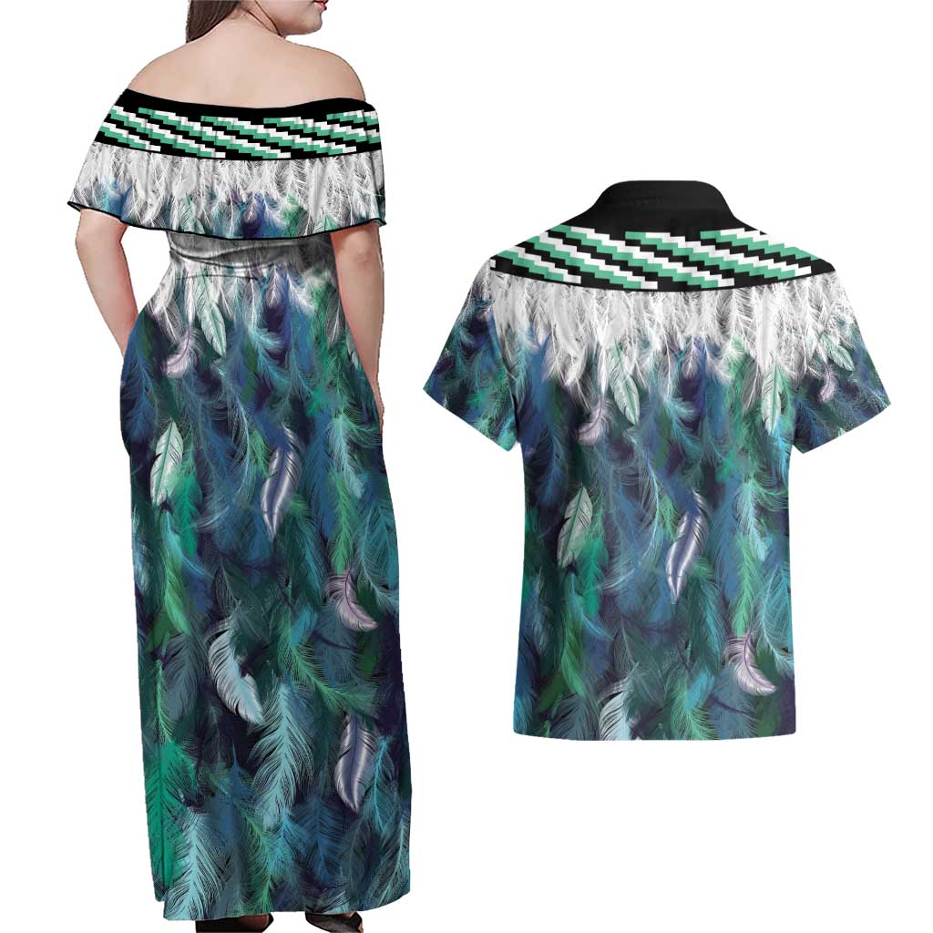 Aotearoa Korowai Motif Couples Matching Off Shoulder Maxi Dress and Hawaiian Shirt Hei Matau Poutama Maori Pattern LT14 - Polynesian Pride