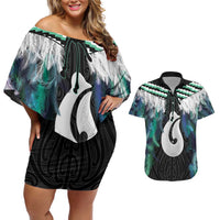 Aotearoa Korowai Motif Couples Matching Off Shoulder Short Dress and Hawaiian Shirt Hei Matau Poutama Maori Pattern