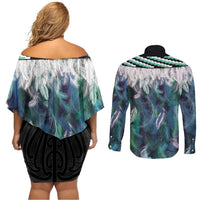 Aotearoa Korowai Motif Couples Matching Off Shoulder Short Dress and Long Sleeve Button Shirt Hei Matau Poutama Maori Pattern