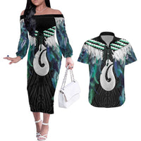 Aotearoa Korowai Motif Couples Matching Off The Shoulder Long Sleeve Dress and Hawaiian Shirt Hei Matau Poutama Maori Pattern LT14 Turquoise - Polynesian Pride