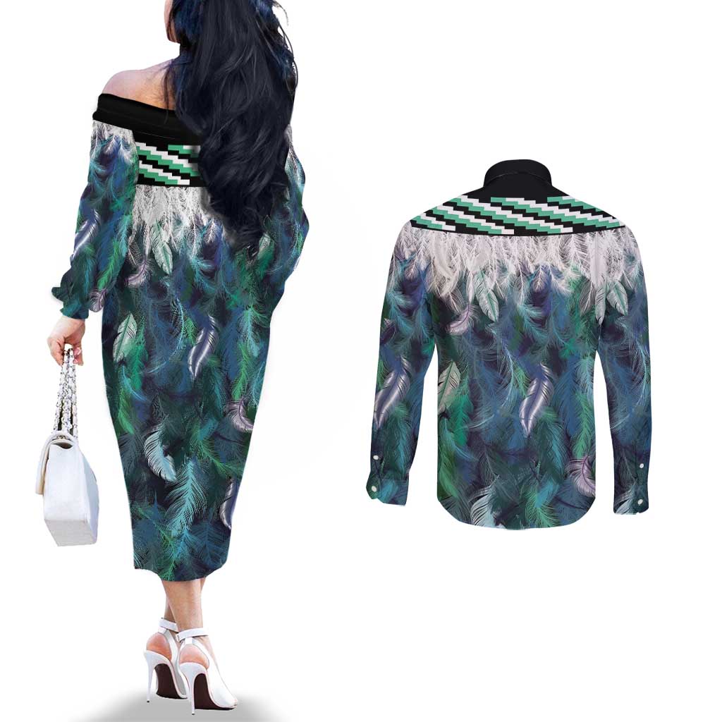 Aotearoa Korowai Motif Couples Matching Off The Shoulder Long Sleeve Dress and Long Sleeve Button Shirt Hei Matau Poutama Maori Pattern