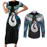 Aotearoa Korowai Motif Couples Matching Short Sleeve Bodycon Dress and Long Sleeve Button Shirt Hei Matau Poutama Maori Pattern