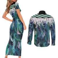 Aotearoa Korowai Motif Couples Matching Short Sleeve Bodycon Dress and Long Sleeve Button Shirt Hei Matau Poutama Maori Pattern