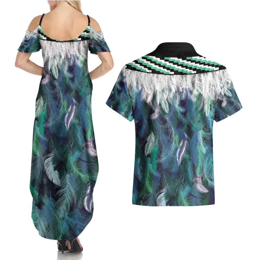 Aotearoa Korowai Motif Couples Matching Summer Maxi Dress and Hawaiian Shirt Hei Matau Poutama Maori Pattern