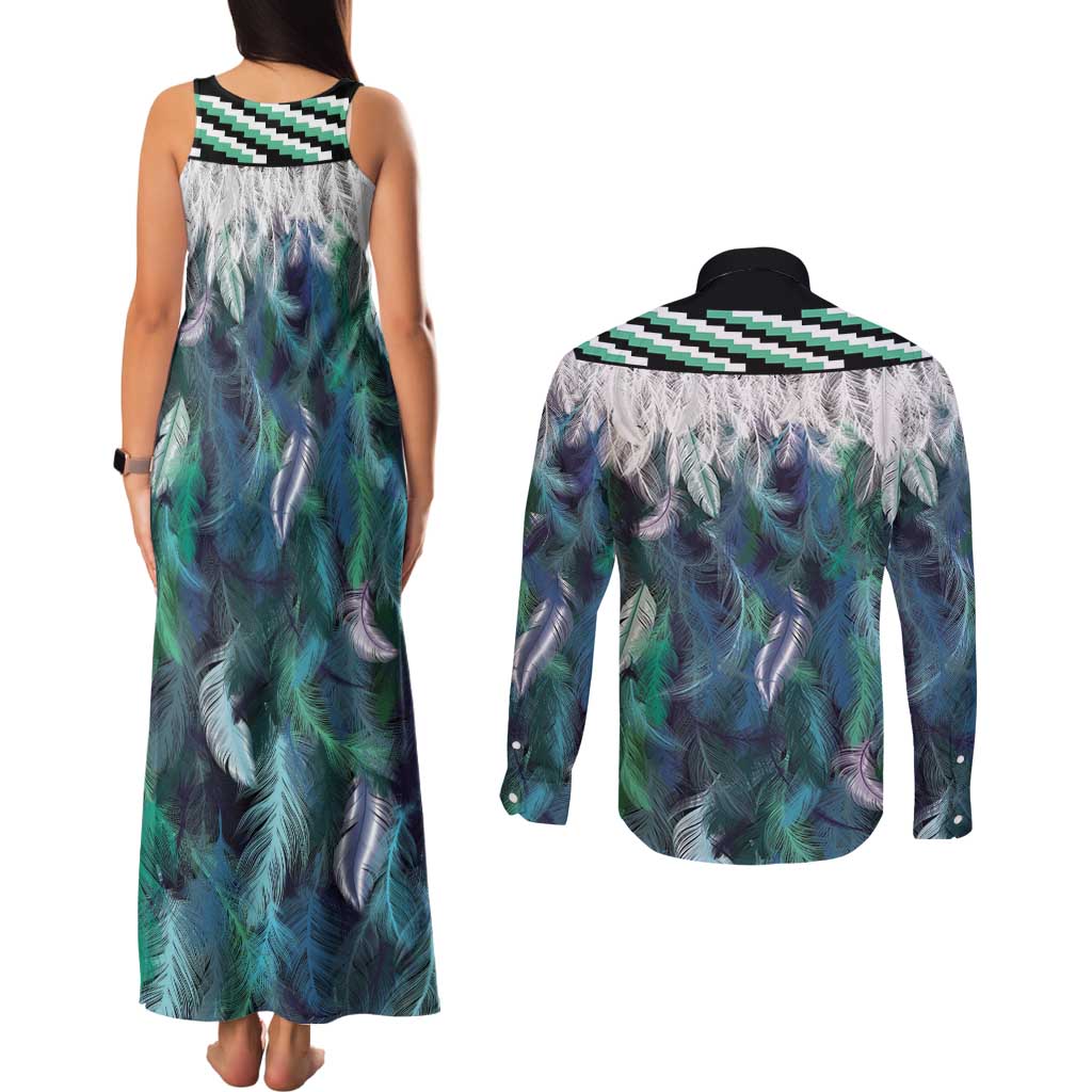 Aotearoa Korowai Motif Couples Matching Tank Maxi Dress and Long Sleeve Button Shirt Hei Matau Poutama Maori Pattern