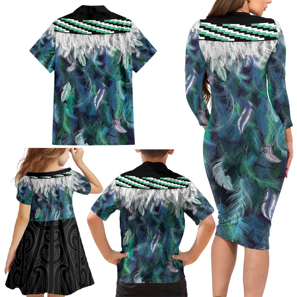 Aotearoa Korowai Motif Family Matching Long Sleeve Bodycon Dress and Hawaiian Shirt Hei Matau Poutama Maori Pattern LT14 - Polynesian Pride