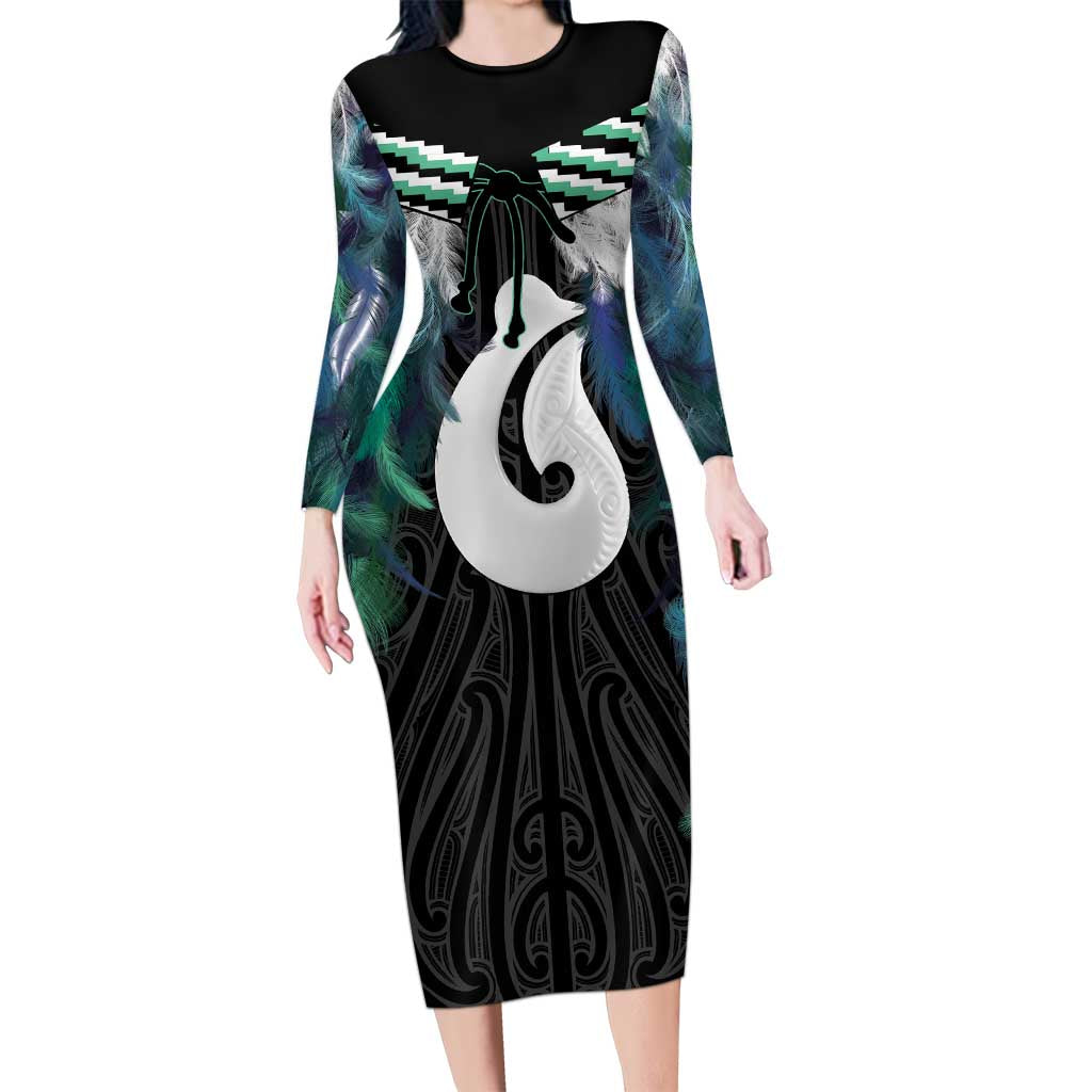 Aotearoa Korowai Motif Family Matching Long Sleeve Bodycon Dress and Hawaiian Shirt Hei Matau Poutama Maori Pattern LT14 Mom's Dress Turquoise - Polynesian Pride