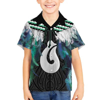 Aotearoa Korowai Motif Family Matching Long Sleeve Bodycon Dress and Hawaiian Shirt Hei Matau Poutama Maori Pattern LT14 Son's Shirt Turquoise - Polynesian Pride