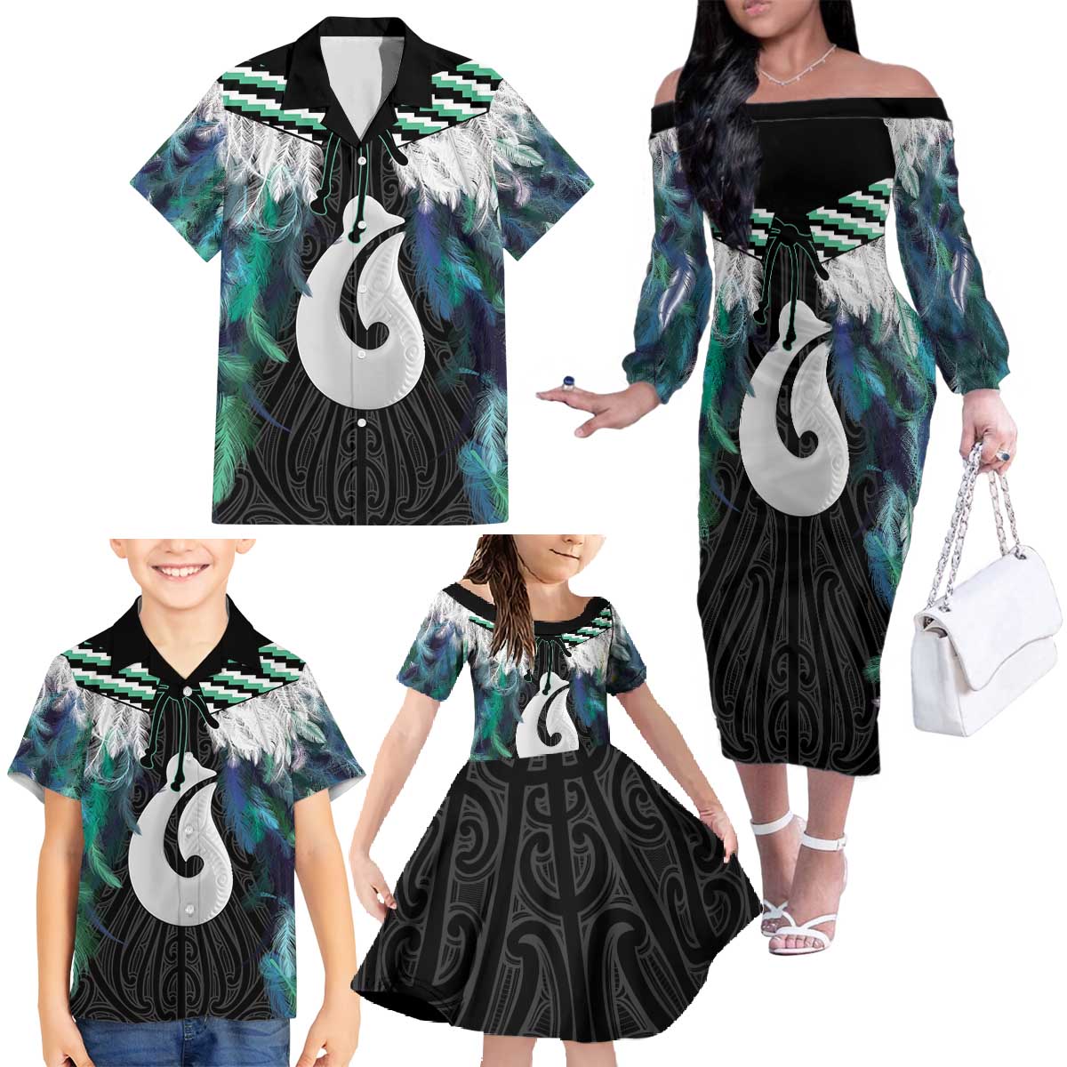 Aotearoa Korowai Motif Family Matching Off The Shoulder Long Sleeve Dress and Hawaiian Shirt Hei Matau Poutama Maori Pattern LT14 - Polynesian Pride