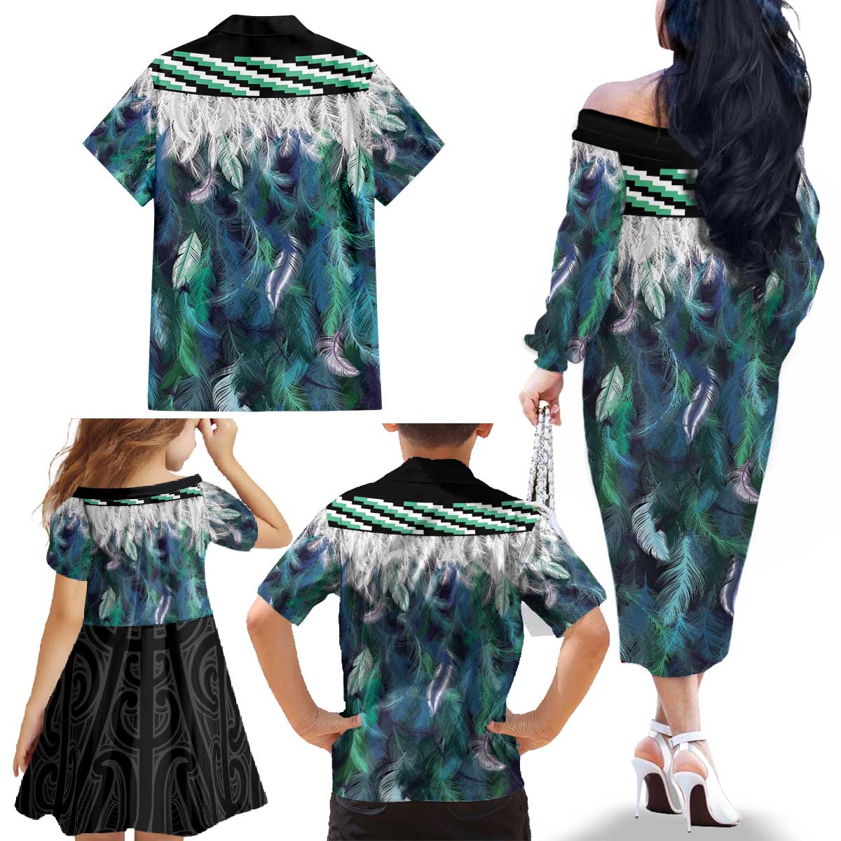 Aotearoa Korowai Motif Family Matching Off The Shoulder Long Sleeve Dress and Hawaiian Shirt Hei Matau Poutama Maori Pattern LT14 - Polynesian Pride