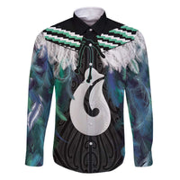 Aotearoa Korowai Motif Family Matching Off The Shoulder Long Sleeve Dress and Hawaiian Shirt Hei Matau Poutama Maori Pattern LT14 Dad's Shirt - Long Sleeve Turquoise - Polynesian Pride