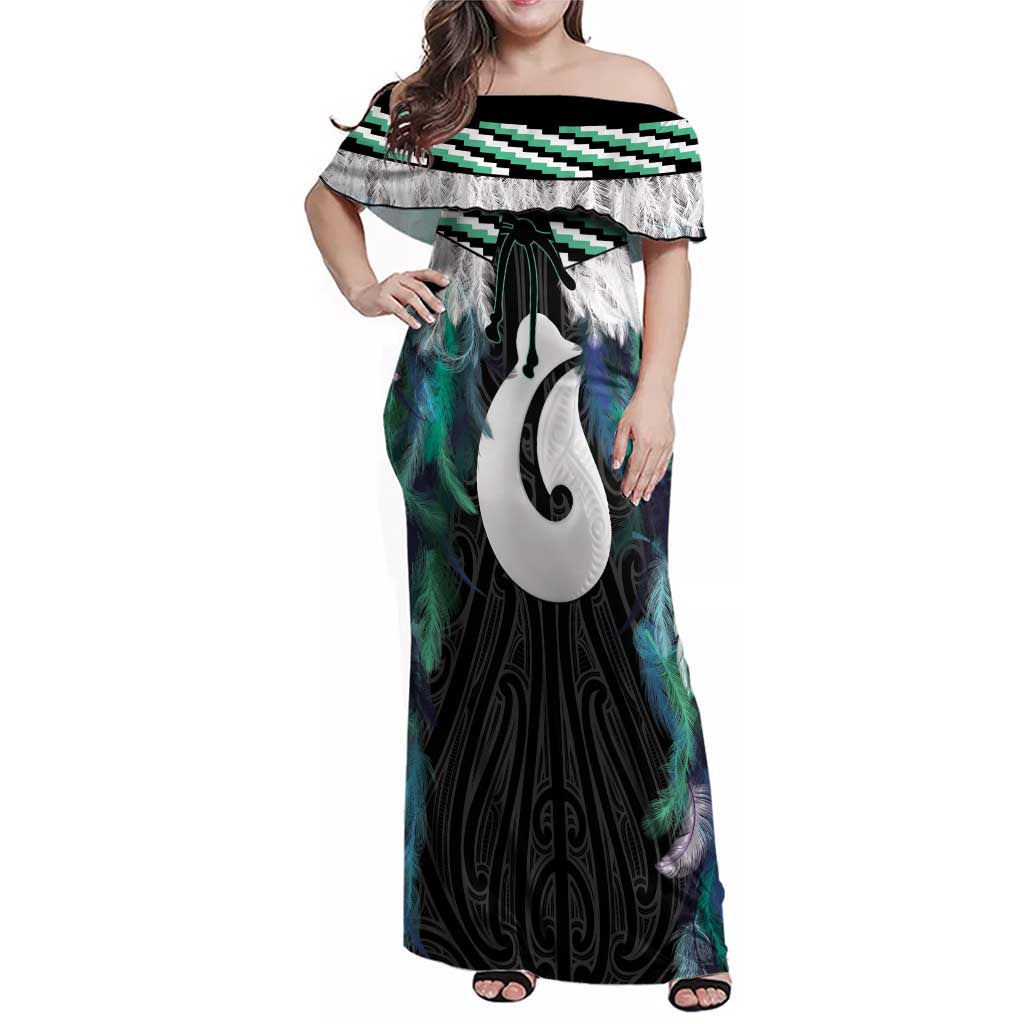 Aotearoa Korowai Motif Family Matching Off Shoulder Maxi Dress and Hawaiian Shirt Hei Matau Poutama Maori Pattern LT14 Mom's Dress Turquoise - Polynesian Pride