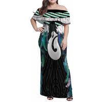 Aotearoa Korowai Motif Family Matching Off Shoulder Maxi Dress and Hawaiian Shirt Hei Matau Poutama Maori Pattern LT14 Mom's Dress Turquoise - Polynesian Pride