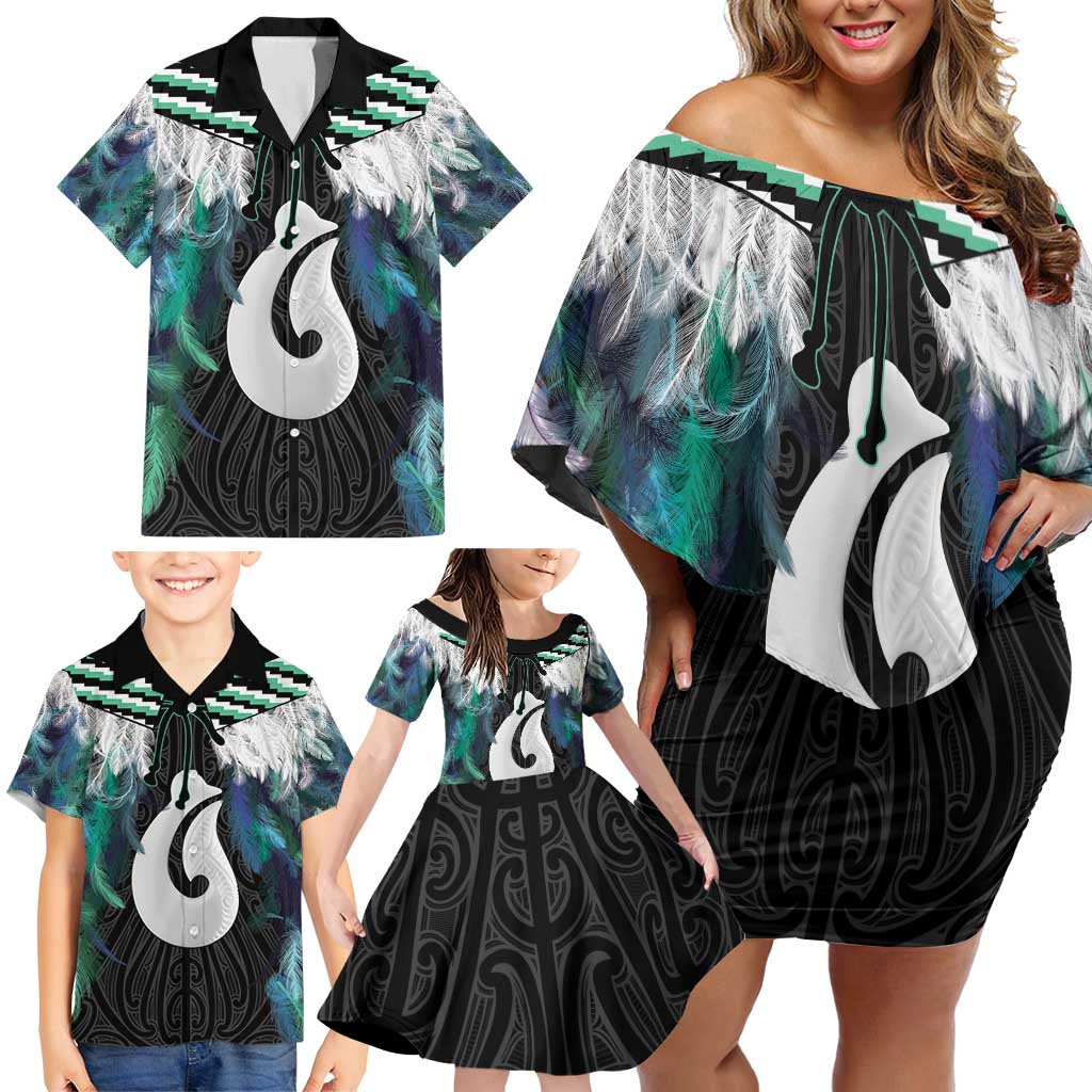 Aotearoa Korowai Motif Family Matching Off Shoulder Short Dress and Hawaiian Shirt Hei Matau Poutama Maori Pattern LT14 - Polynesian Pride