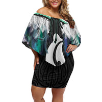 Aotearoa Korowai Motif Family Matching Off Shoulder Short Dress and Hawaiian Shirt Hei Matau Poutama Maori Pattern LT14 Mom's Dress Turquoise - Polynesian Pride