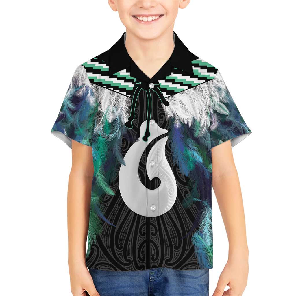 Aotearoa Korowai Motif Family Matching Off Shoulder Short Dress and Hawaiian Shirt Hei Matau Poutama Maori Pattern LT14 Son's Shirt Turquoise - Polynesian Pride