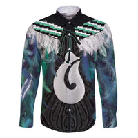 Aotearoa Korowai Motif Family Matching Tank Maxi Dress and Hawaiian Shirt Hei Matau Poutama Maori Pattern LT14 Dad's Shirt - Long Sleeve Turquoise - Polynesian Pride
