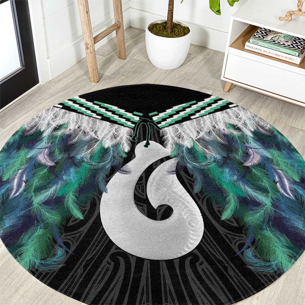 Aotearoa Korowai Motif Round Carpet Hei Matau Poutama Maori Pattern LT14 Turquoise - Polynesian Pride