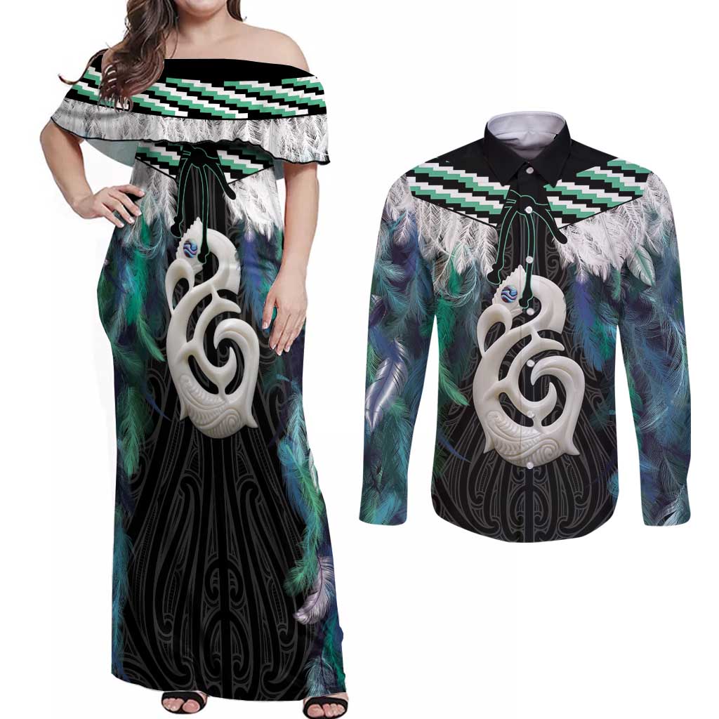 Aotearoa Korowai Motif Couples Matching Off Shoulder Maxi Dress and Long Sleeve Button Shirt Hei Manaia Poutama Maori Pattern