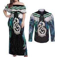 Aotearoa Korowai Motif Couples Matching Off Shoulder Maxi Dress and Long Sleeve Button Shirt Hei Manaia Poutama Maori Pattern