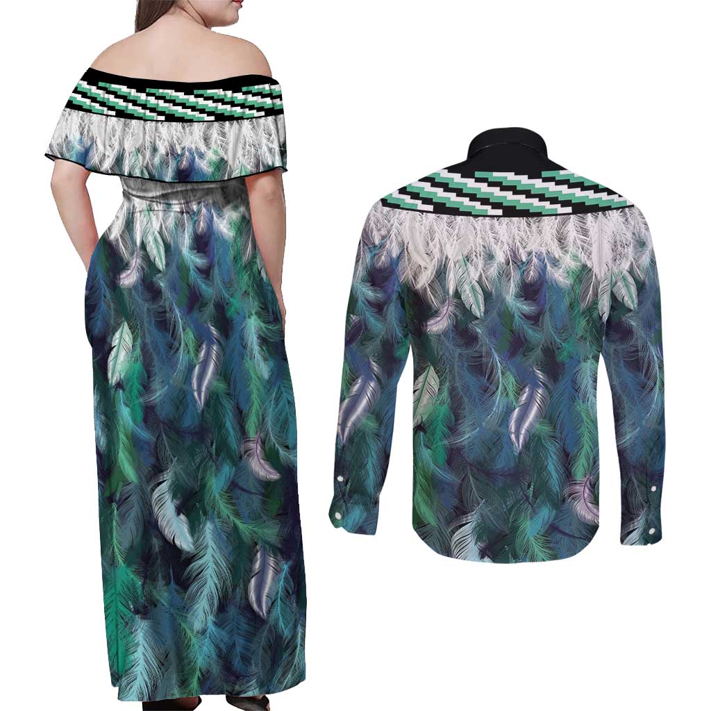 Aotearoa Korowai Motif Couples Matching Off Shoulder Maxi Dress and Long Sleeve Button Shirt Hei Manaia Poutama Maori Pattern