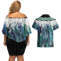 Aotearoa Korowai Motif Couples Matching Off Shoulder Short Dress and Hawaiian Shirt Hei Manaia Poutama Maori Pattern