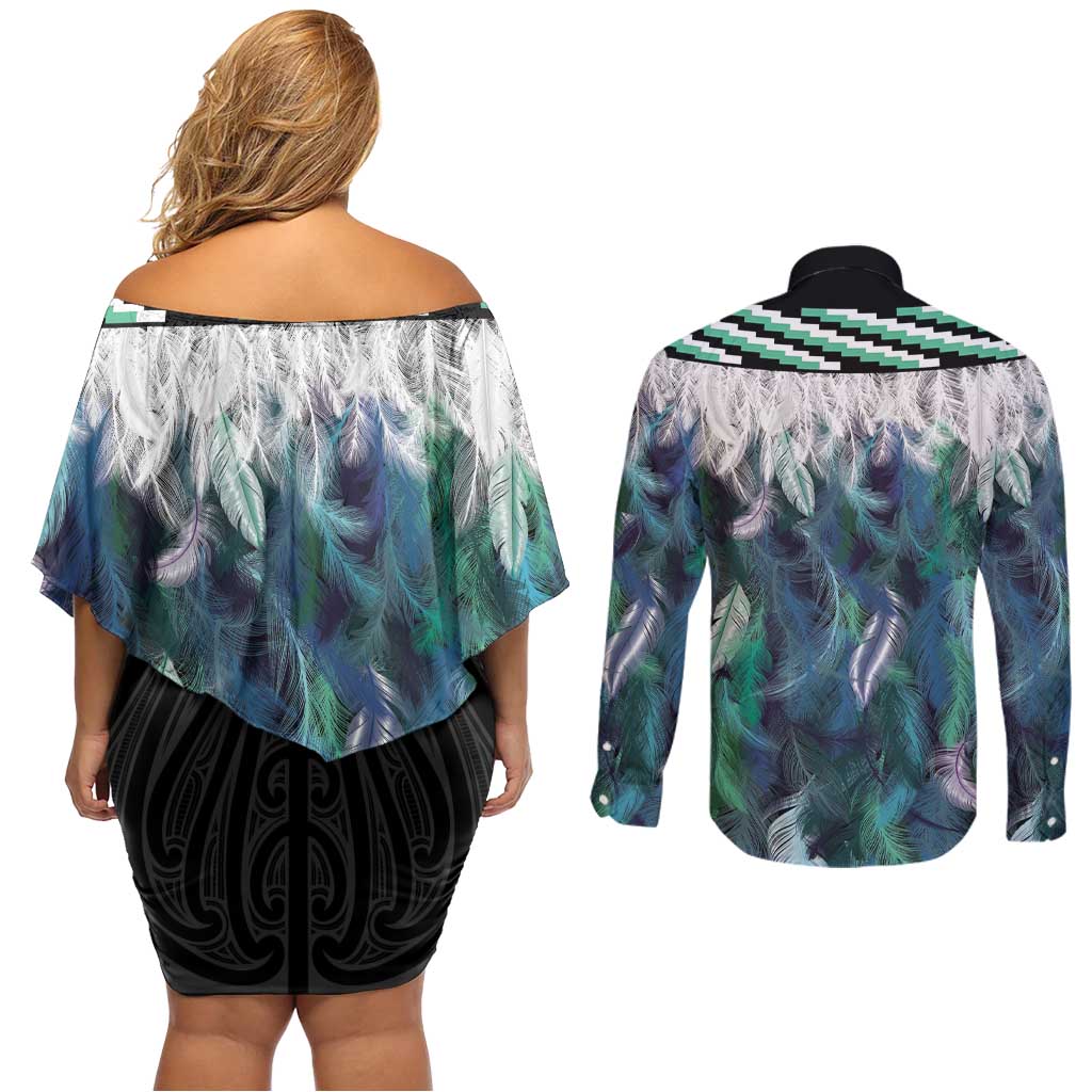Aotearoa Korowai Motif Couples Matching Off Shoulder Short Dress and Long Sleeve Button Shirt Hei Manaia Poutama Maori Pattern