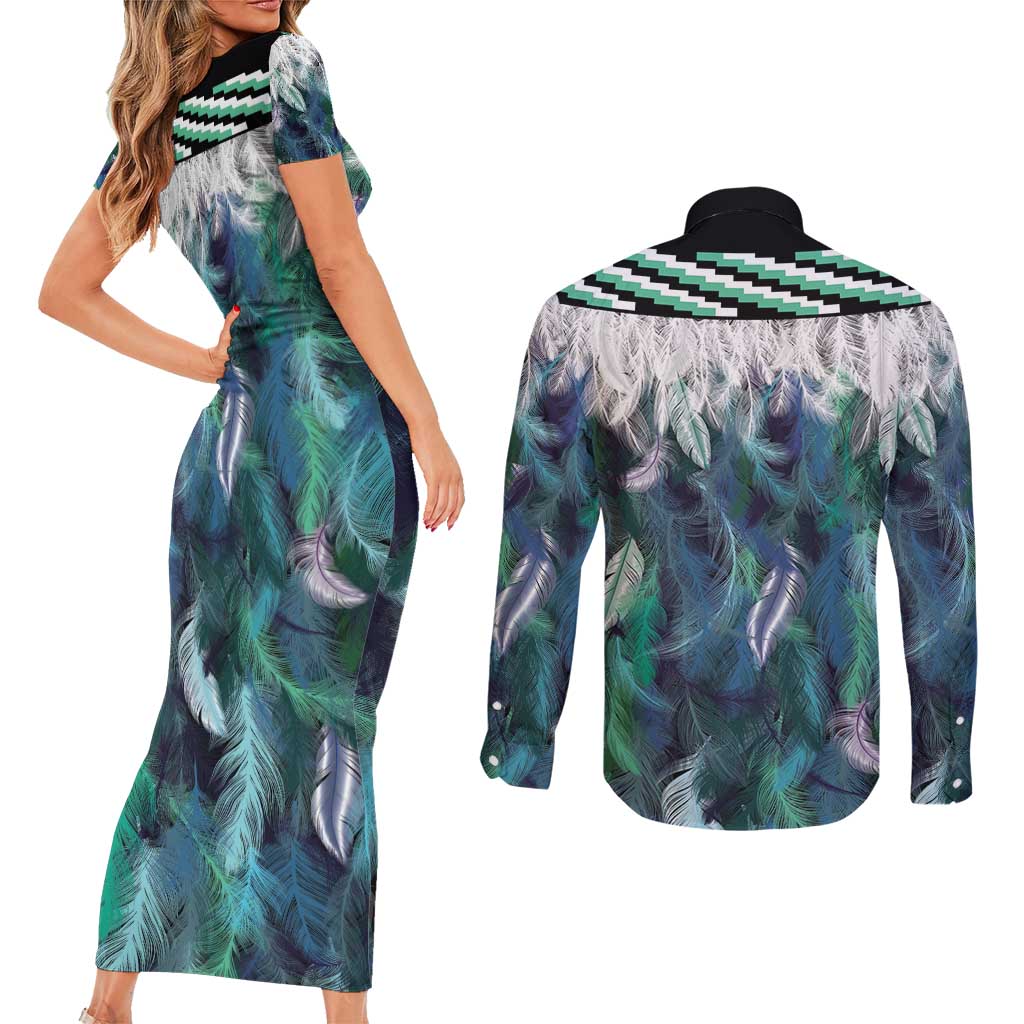 Aotearoa Korowai Motif Couples Matching Short Sleeve Bodycon Dress and Long Sleeve Button Shirt Hei Manaia Poutama Maori Pattern