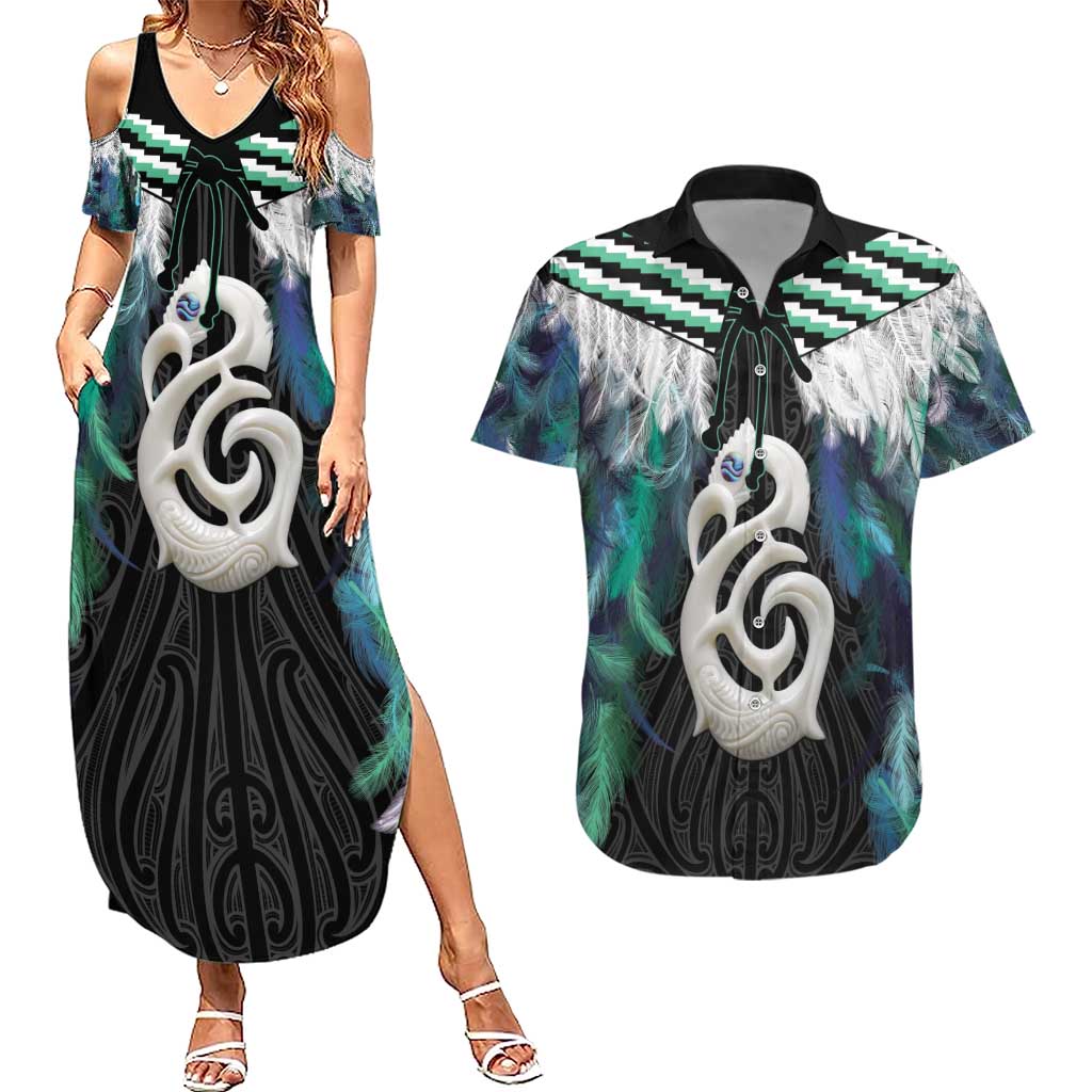 Aotearoa Korowai Motif Couples Matching Summer Maxi Dress and Hawaiian Shirt Hei Manaia Poutama Maori Pattern
