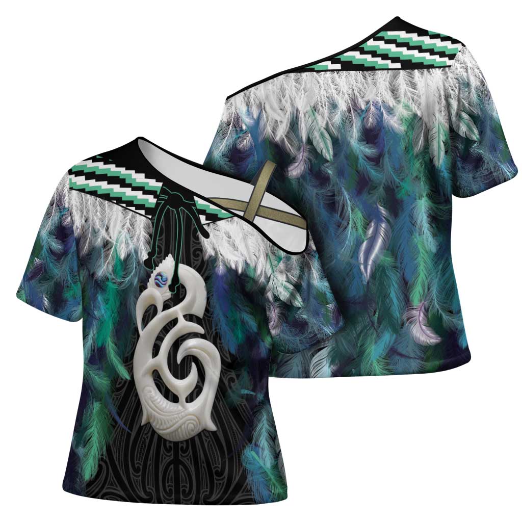 Aotearoa Korowai Motif Cross Shoulder Shirt Hei Manaia Poutama Maori Pattern - Polynesian Pride