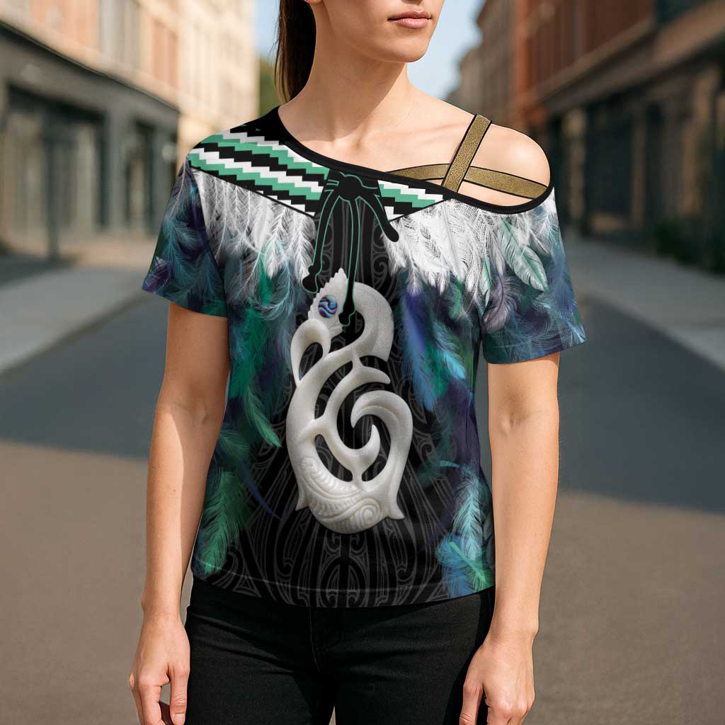 Aotearoa Korowai Motif Cross Shoulder Shirt Hei Manaia Poutama Maori Pattern - Polynesian Pride