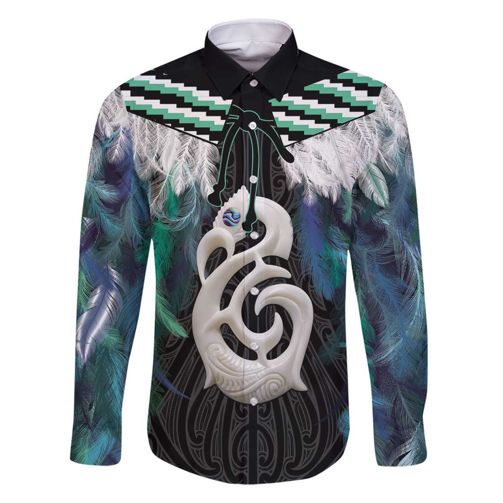 Aotearoa Korowai Motif Family Matching Off Shoulder Maxi Dress and Hawaiian Shirt Hei Manaia Poutama Maori Pattern LT14 Dad's Shirt - Long Sleeve Turquoise - Polynesian Pride