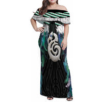 Aotearoa Korowai Motif Family Matching Off Shoulder Maxi Dress and Hawaiian Shirt Hei Manaia Poutama Maori Pattern LT14 Mom's Dress Turquoise - Polynesian Pride