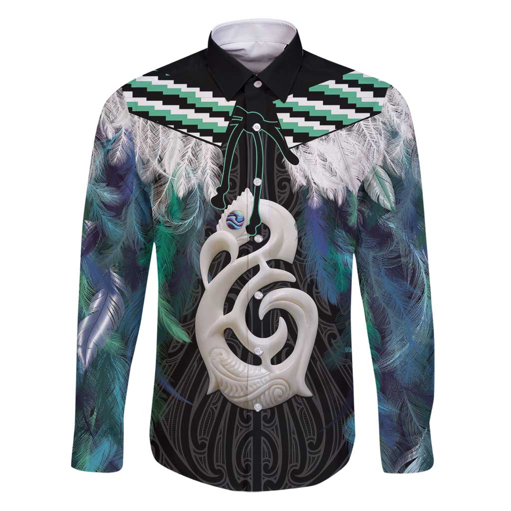 Aotearoa Korowai Motif Family Matching Puletasi and Hawaiian Shirt Hei Manaia Poutama Maori Pattern LT14 Dad's Shirt - Long Sleeve Turquoise - Polynesian Pride